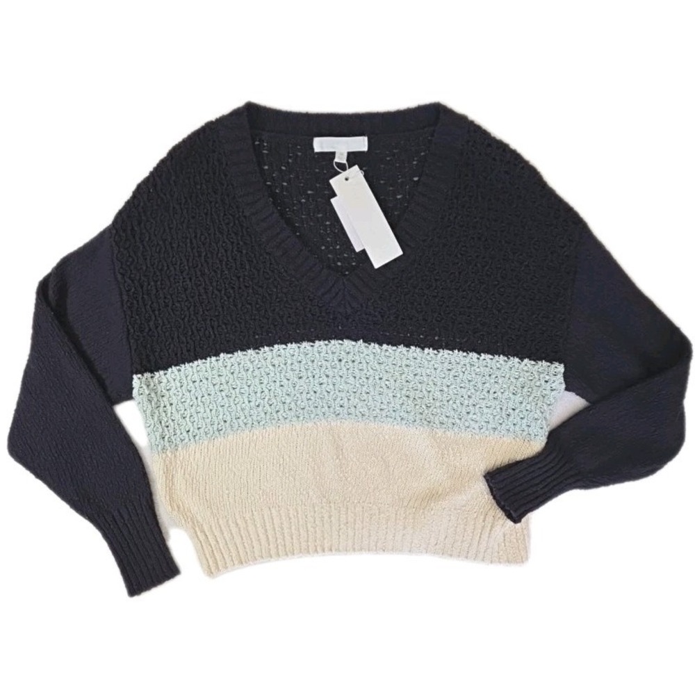 NWT Adyson Parker Blue Striped Knitted Sweater Boxy V Neck Women's Size M $59.00